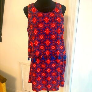 ESCAPADA Red White & Blue Print Sleeveless Shift Dress! Tassels! Overlay! Small